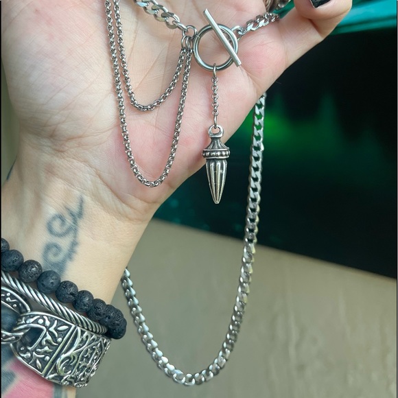 Cuban chain stainless steel with dangly spikes gothic charm choker necklace set - Picture 6 of 9